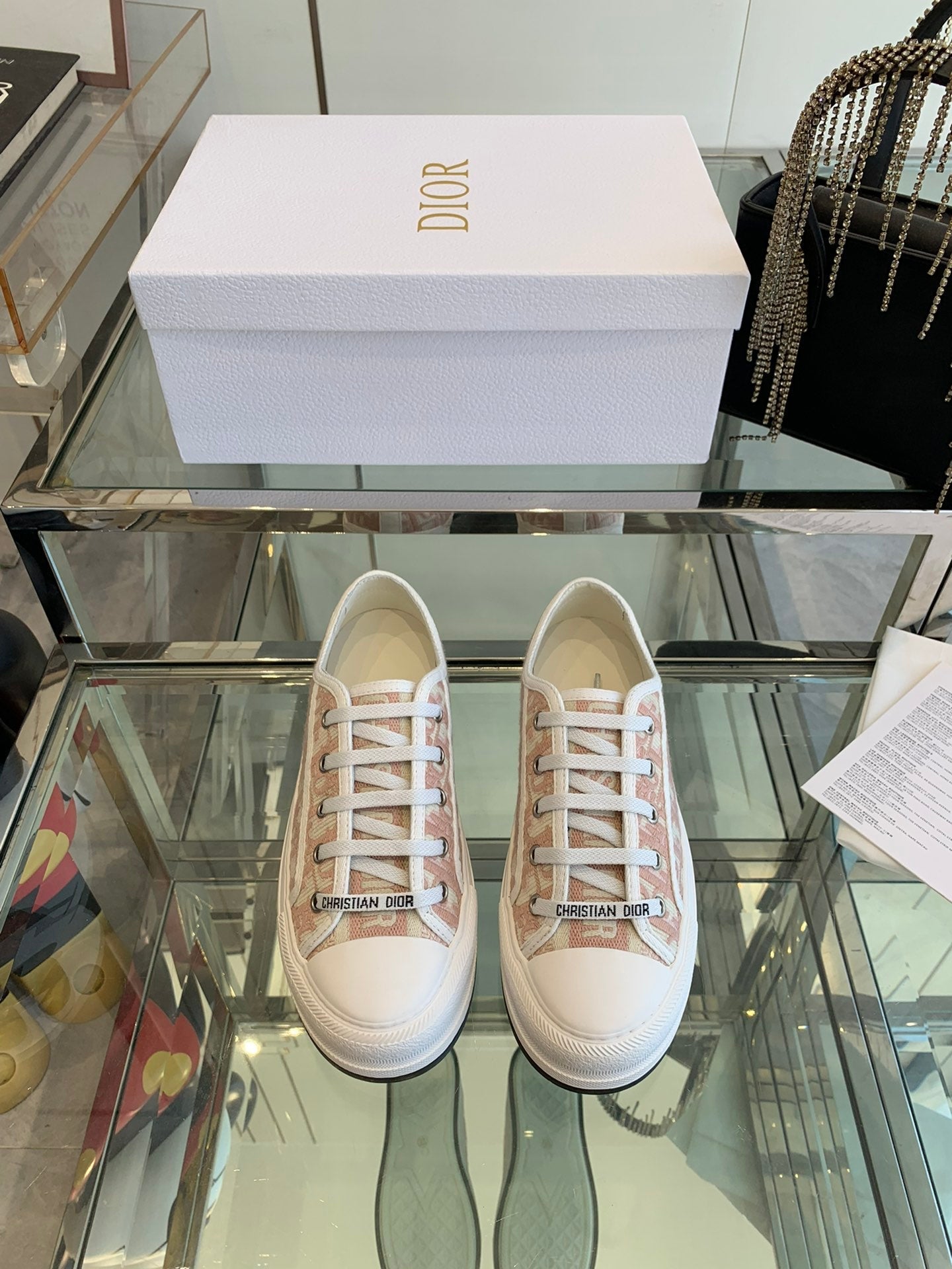 DIOR WALK'N PLATFORM SNEAKER IN IN LIGHT PINK EMBROIDERY ICONIC PATTERNS FABRIC