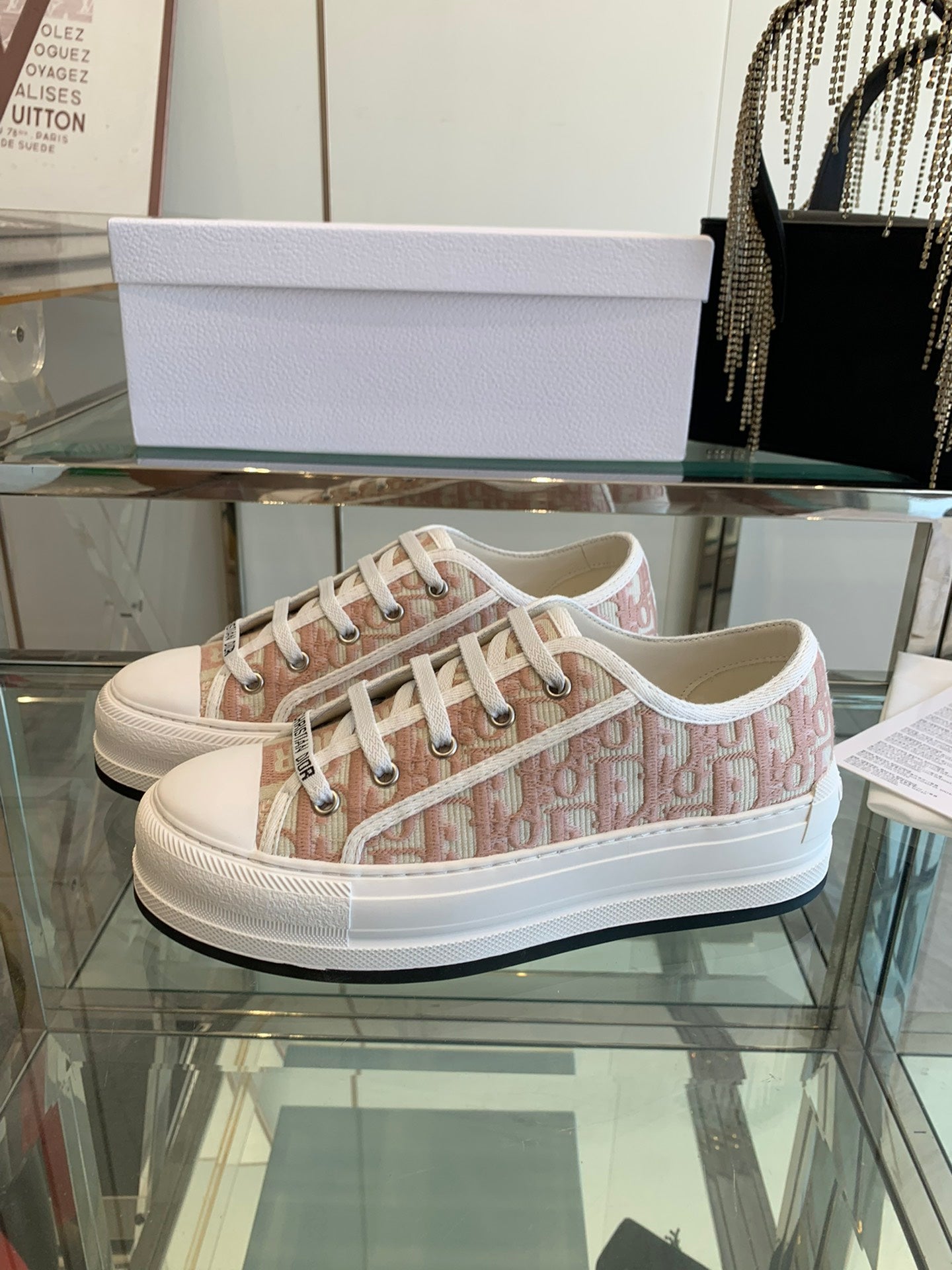 DIOR WALK'N PLATFORM SNEAKER IN IN LIGHT PINK EMBROIDERY ICONIC PATTERNS FABRIC