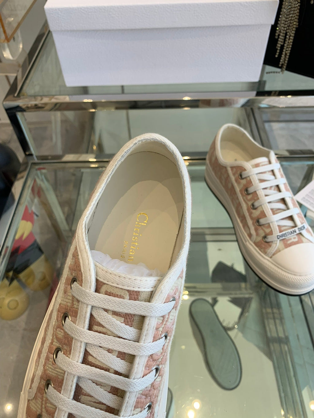 DIOR WALK'N PLATFORM SNEAKER IN IN LIGHT PINK EMBROIDERY ICONIC PATTERNS FABRIC