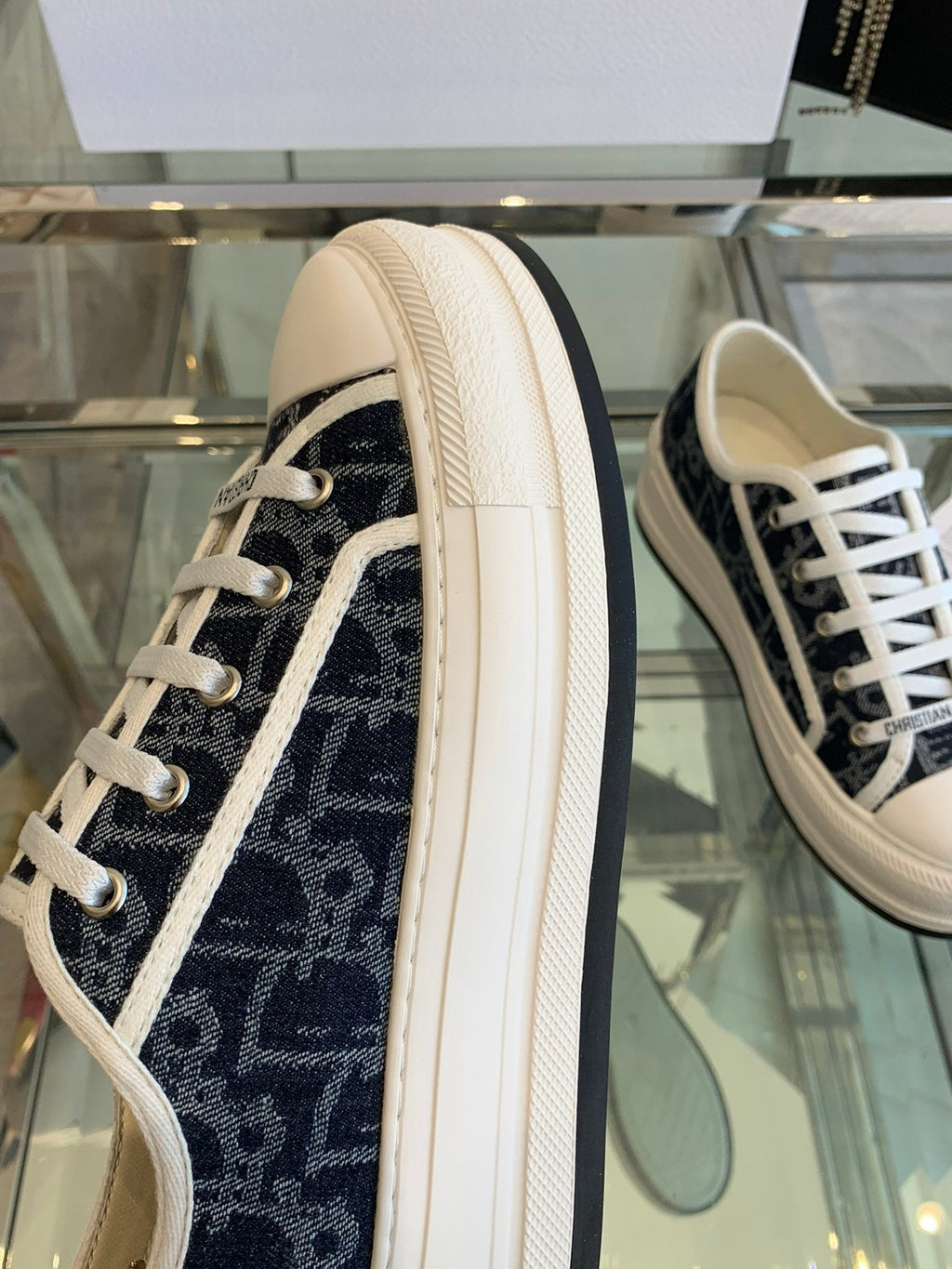 DIOR WALK'N PLATFORM SNEAKER IN IN NAVY BLUE EMBROIDERY ICONIC PATTERNS FABRIC