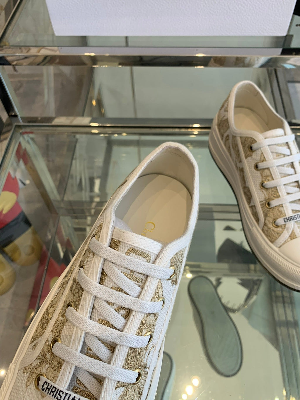 DIOR WALK'N PLATFORM SNEAKER IN WHITE-GOLD TONE EMBROIDERED FABRIC