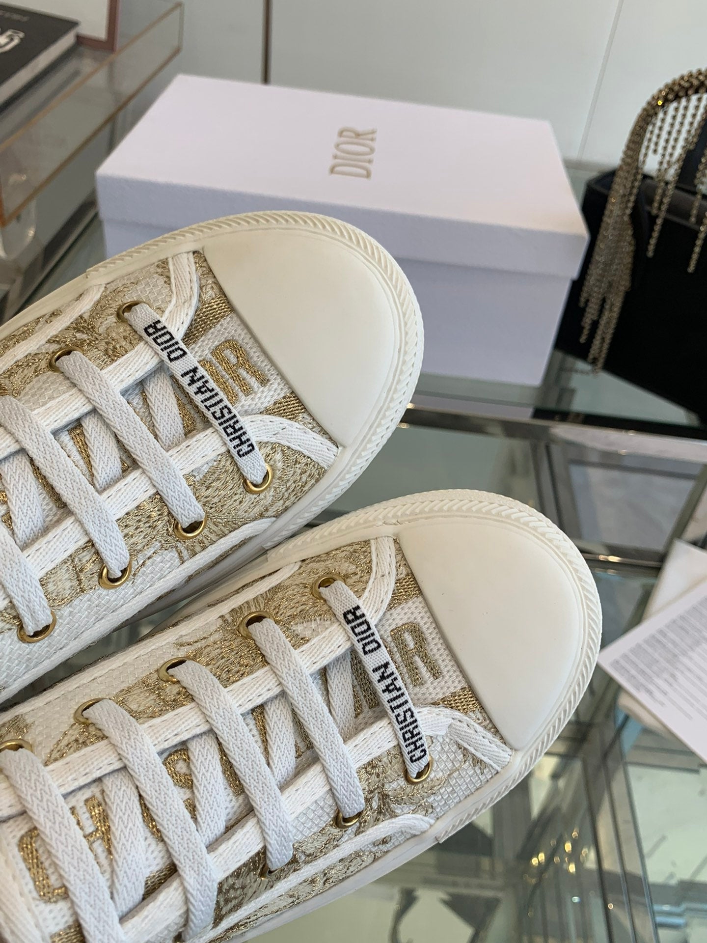 DIOR WALK'N PLATFORM SNEAKER IN WHITE-GOLD TONE EMBROIDERED FABRIC