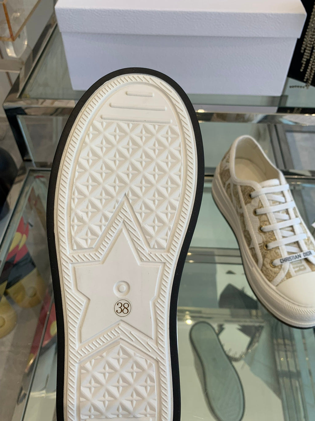 DIOR WALK'N PLATFORM SNEAKER IN WHITE-GOLD TONE EMBROIDERED FABRIC