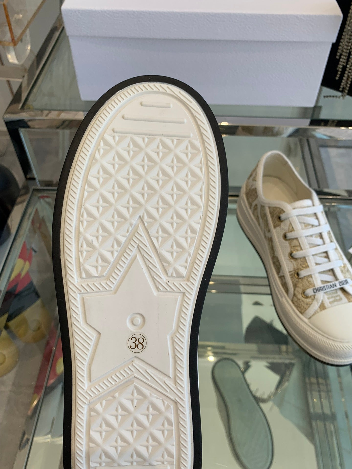 DIOR WALK'N PLATFORM SNEAKER IN WHITE-GOLD TONE EMBROIDERED FABRIC