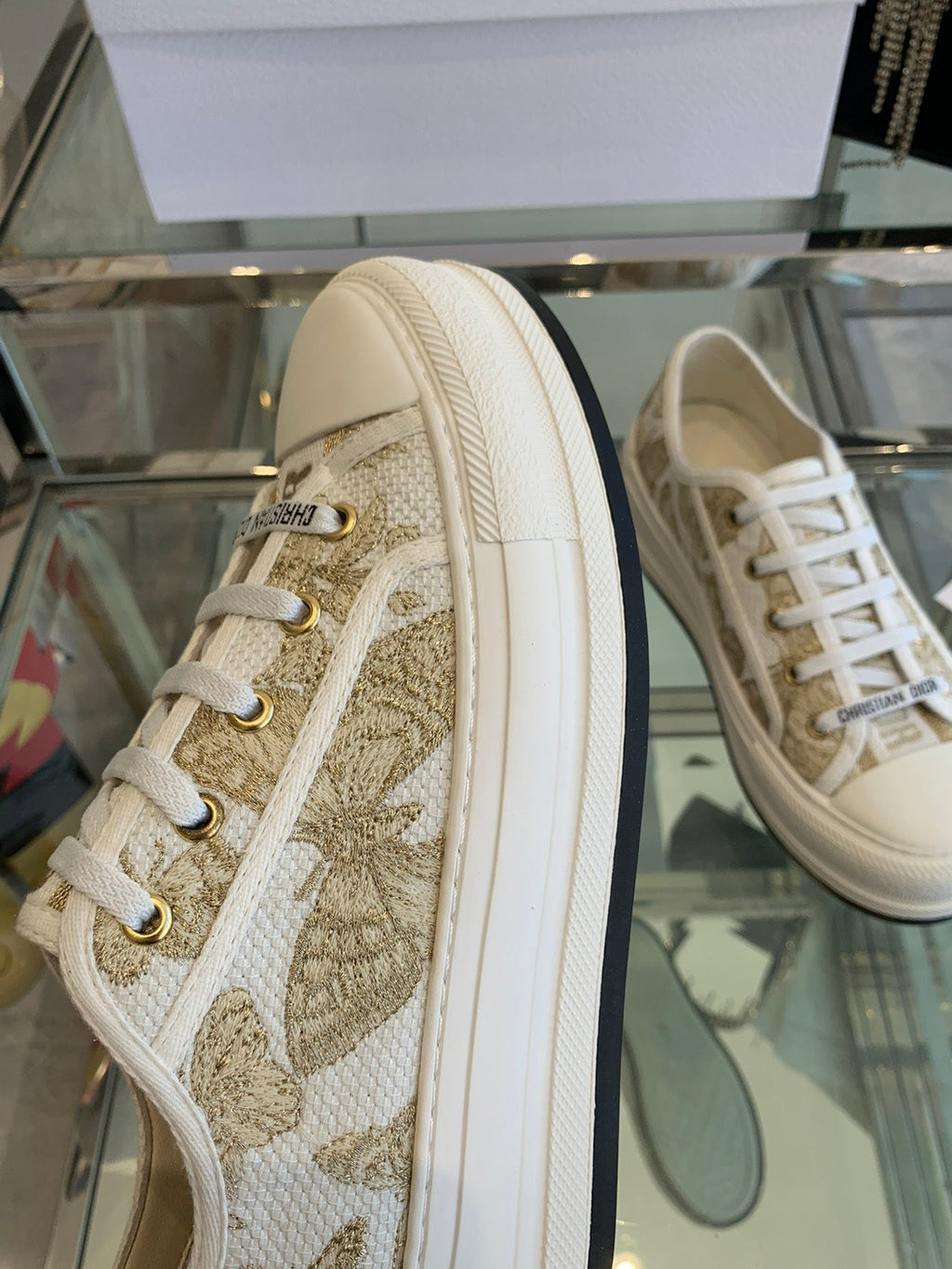 DIOR WALK'N PLATFORM SNEAKER IN WHITE-GOLD TONE EMBROIDERED FABRIC