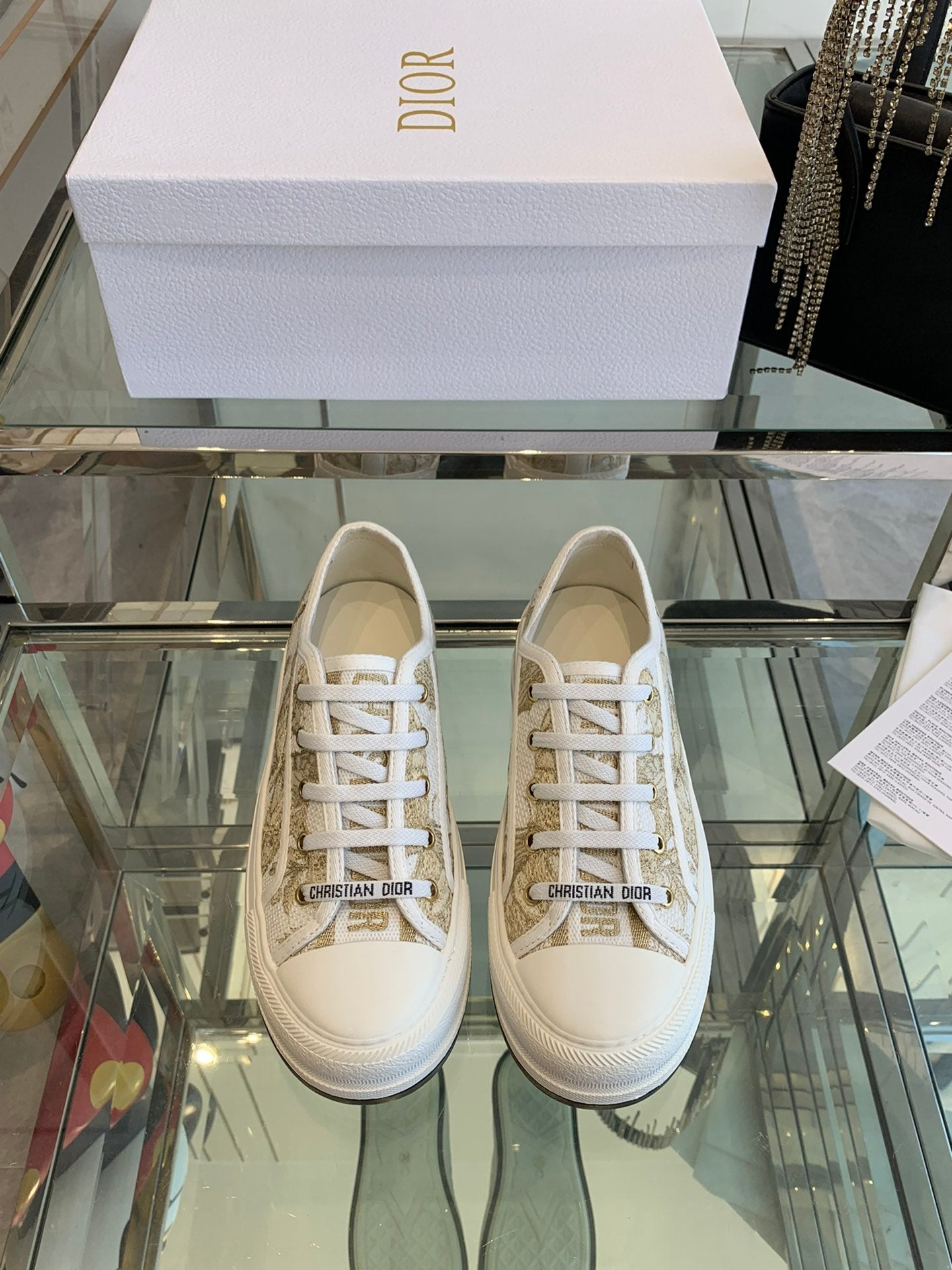 DIOR WALK'N PLATFORM SNEAKER IN WHITE-GOLD TONE EMBROIDERED FABRIC