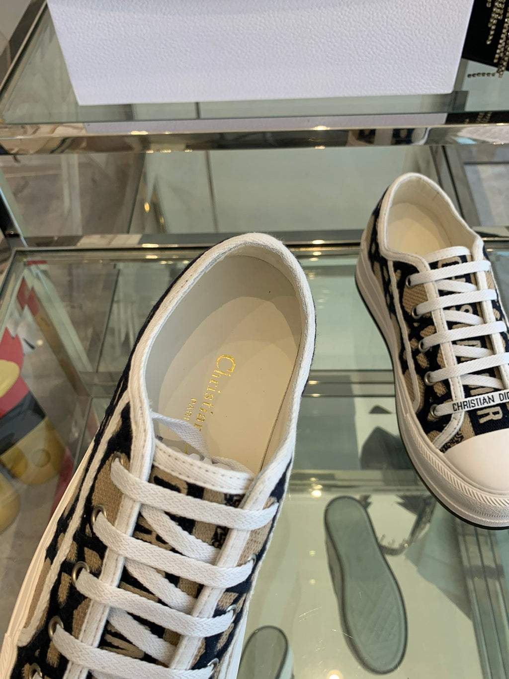 DIOR WALK'N PLATFORM SNEAKER IN CAMEL BEIGE MIX BLACK EMBROIDERED FABRIC