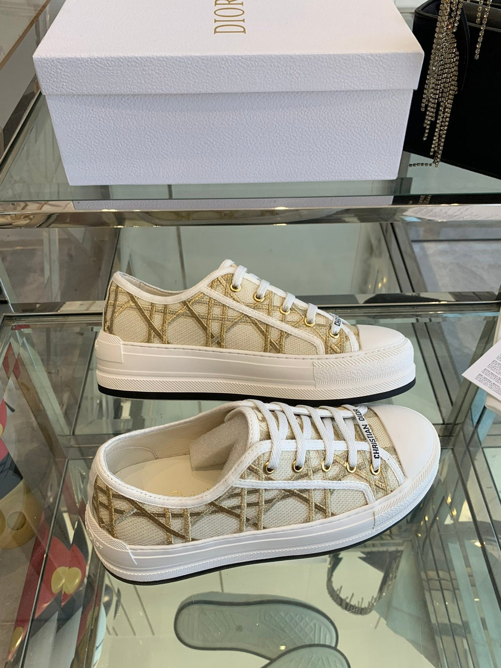 DIOR WALK'N PLATFORM SNEAKER IN BEIGE-GOLD TONE EMBROIDERED FABRIC