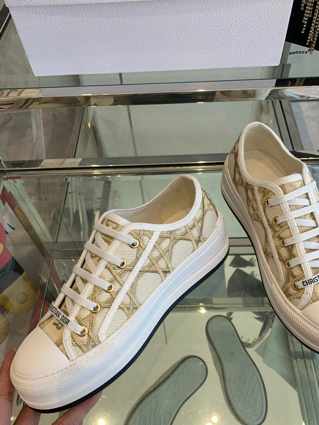 DIOR WALK'N PLATFORM SNEAKER IN BEIGE-GOLD TONE EMBROIDERED FABRIC