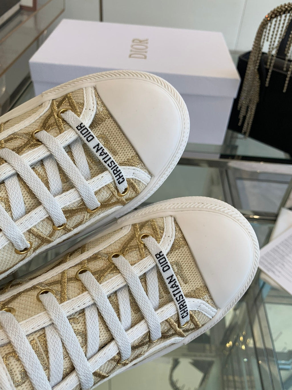 DIOR WALK'N PLATFORM SNEAKER IN BEIGE-GOLD TONE EMBROIDERED FABRIC