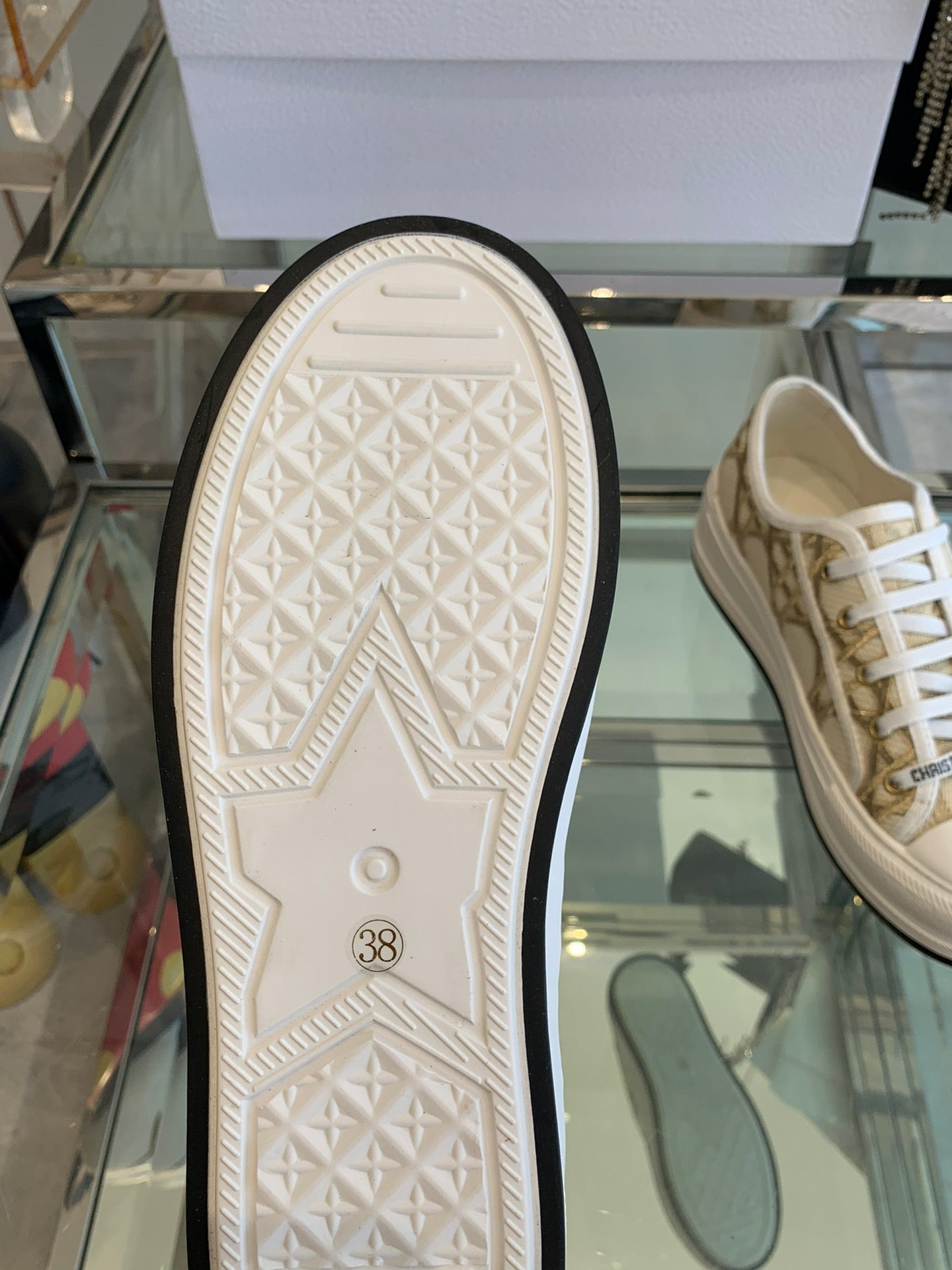 DIOR WALK'N PLATFORM SNEAKER IN BEIGE-GOLD TONE EMBROIDERED FABRIC