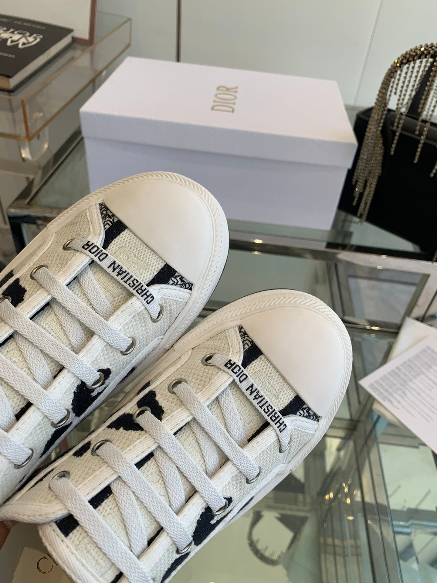 DIOR WALK'N PLATFORM SNEAKER IN WHITE AND BLACK EMBROIDERED COTTON