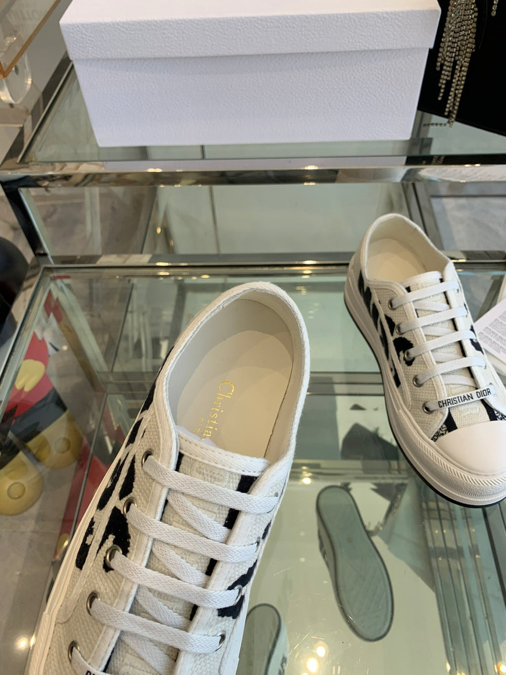 DIOR WALK'N PLATFORM SNEAKER IN WHITE AND BLACK EMBROIDERED COTTON