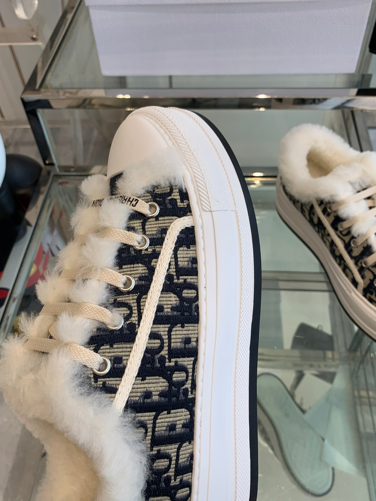 DIOR ALK'N PLATFORM SNEAKER CAMEL BROWN COTTON EMBROIDERED WITH OBLIQUE MOTIF AND WHITE SHEARLING