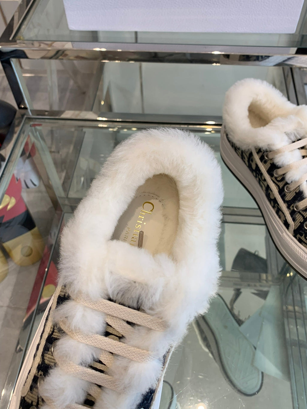 DIOR ALK'N PLATFORM SNEAKER CAMEL BROWN COTTON EMBROIDERED WITH OBLIQUE MOTIF AND WHITE SHEARLING