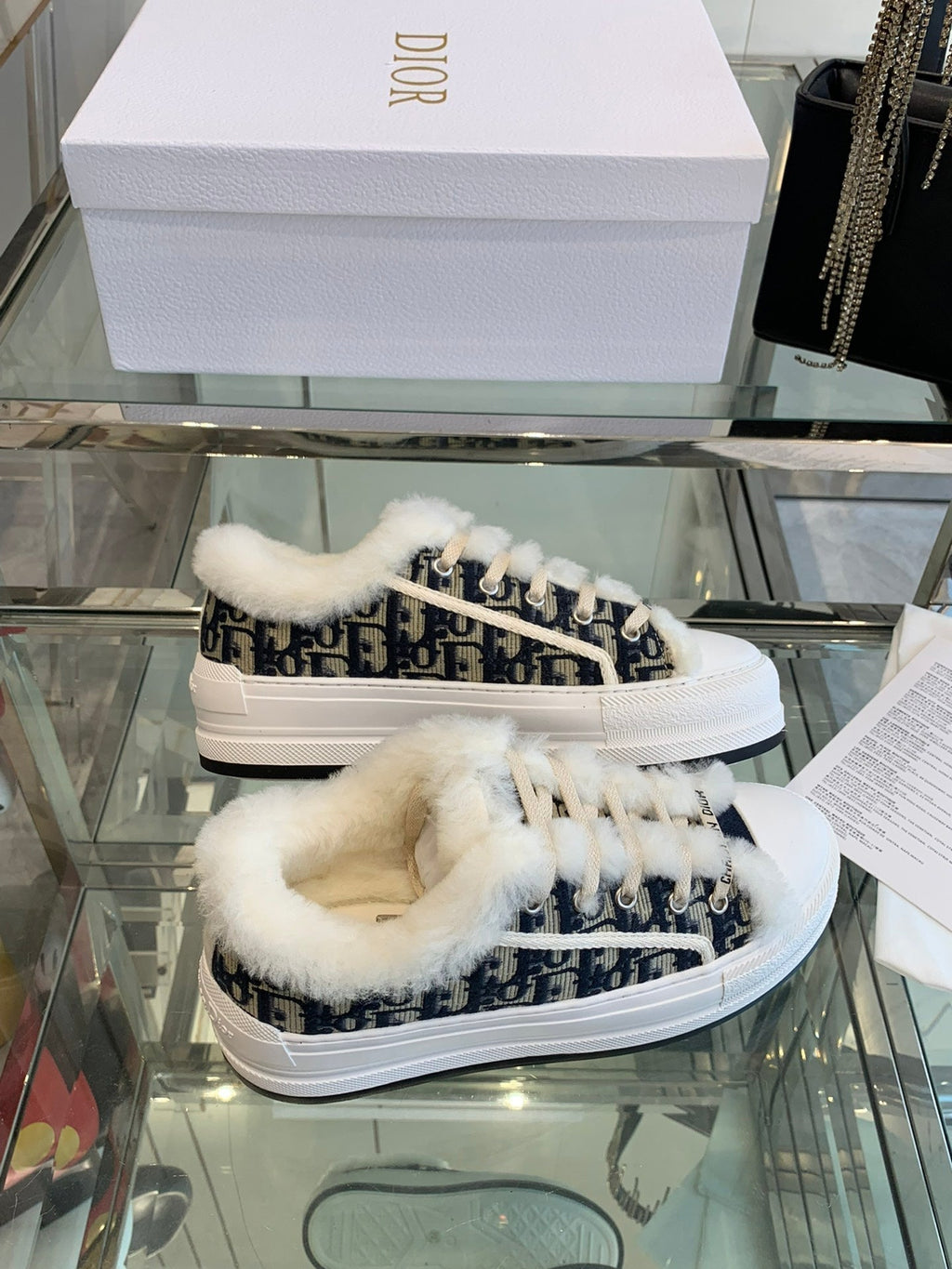 DIOR ALK'N PLATFORM SNEAKER CAMEL BROWN COTTON EMBROIDERED WITH OBLIQUE MOTIF AND WHITE SHEARLING