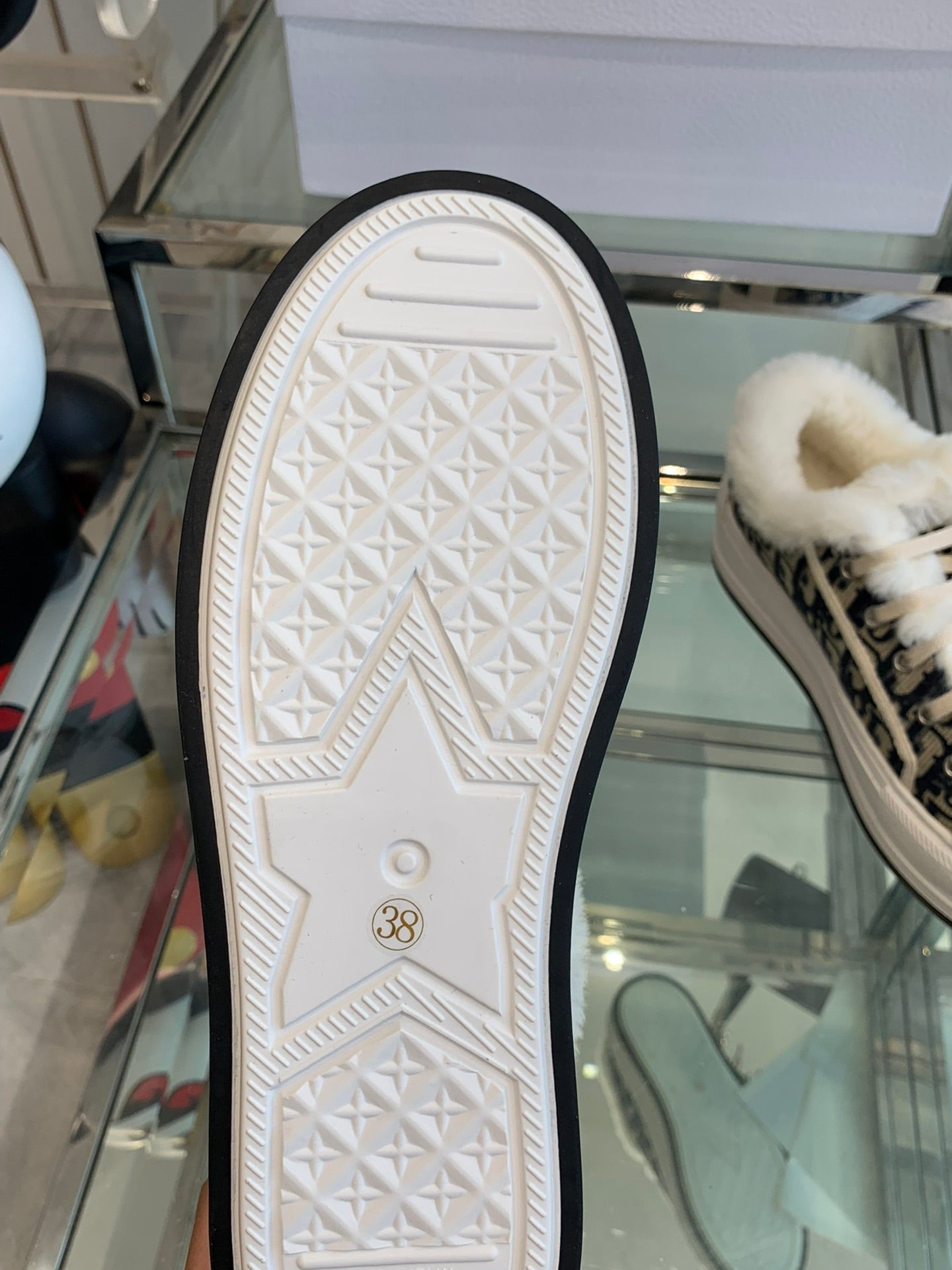 DIOR ALK'N PLATFORM SNEAKER CAMEL BROWN COTTON EMBROIDERED WITH OBLIQUE MOTIF AND WHITE SHEARLING