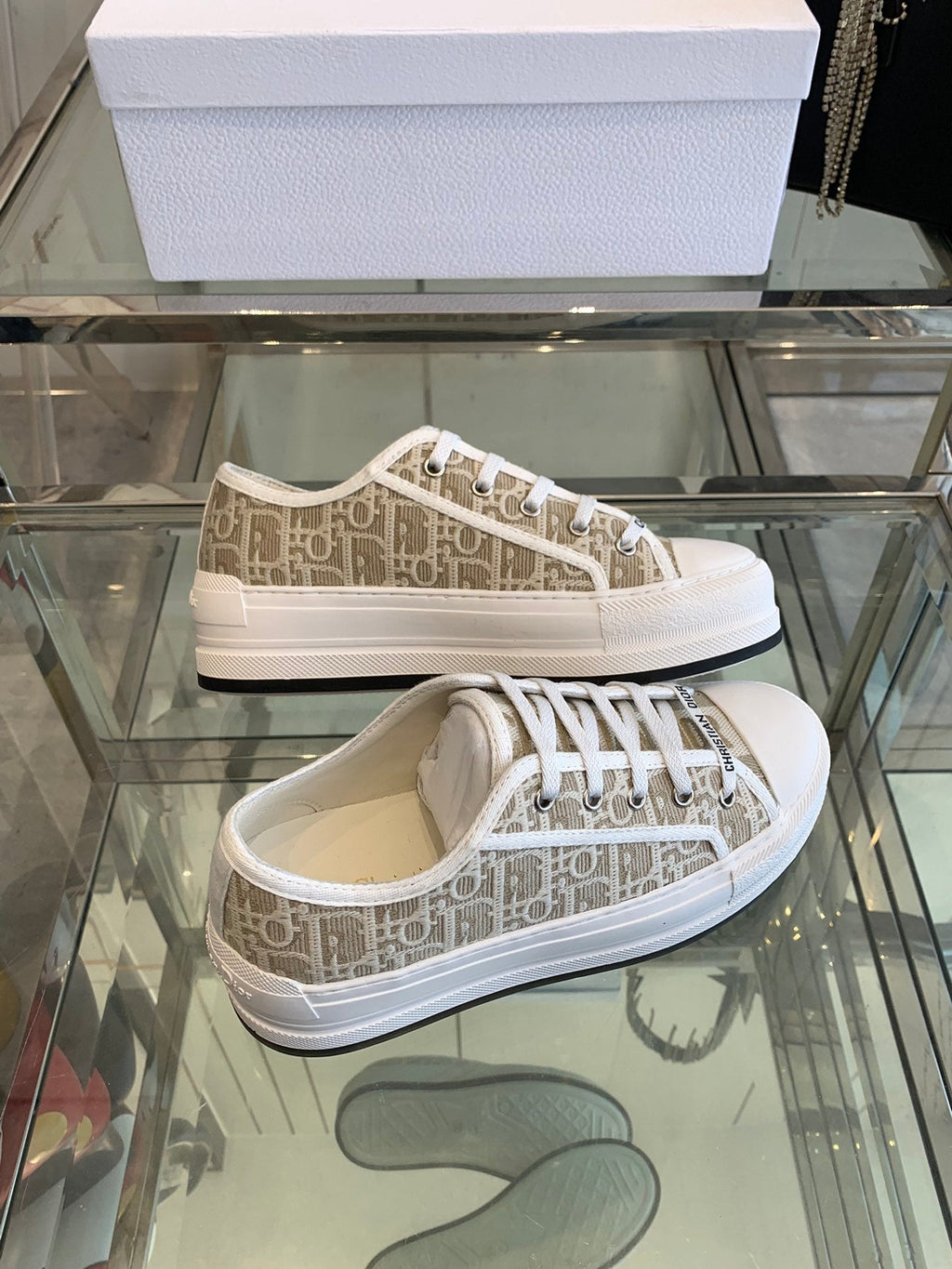 DIOR WALK'N PLATFORM SNEAKER CAMEL BEIGE OBLIQUE EMBROIDERED COTTON