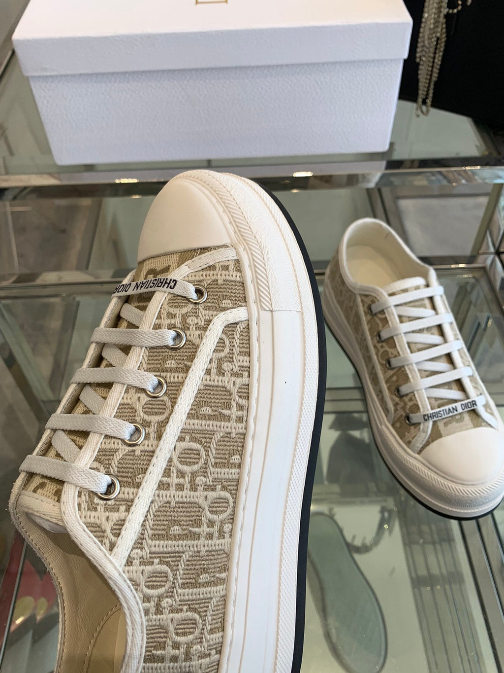 DIOR WALK'N PLATFORM SNEAKER CAMEL BEIGE OBLIQUE EMBROIDERED COTTON