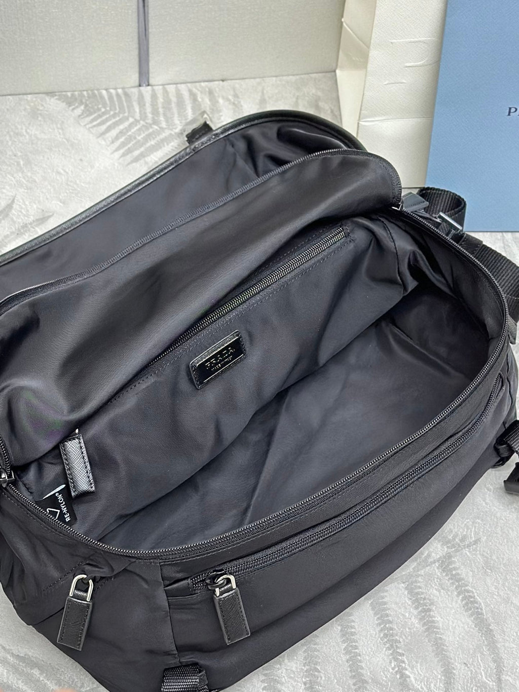 PRADA SHOULDER BAG 32 IN BLACK RE-NYLON TRIANGLE LOGO