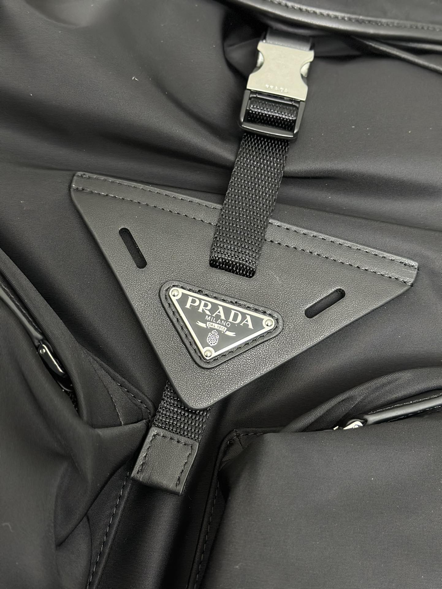 PRADA TRIANGLE LOGO BACKPACK 42 IN BLACK RE-NYLON