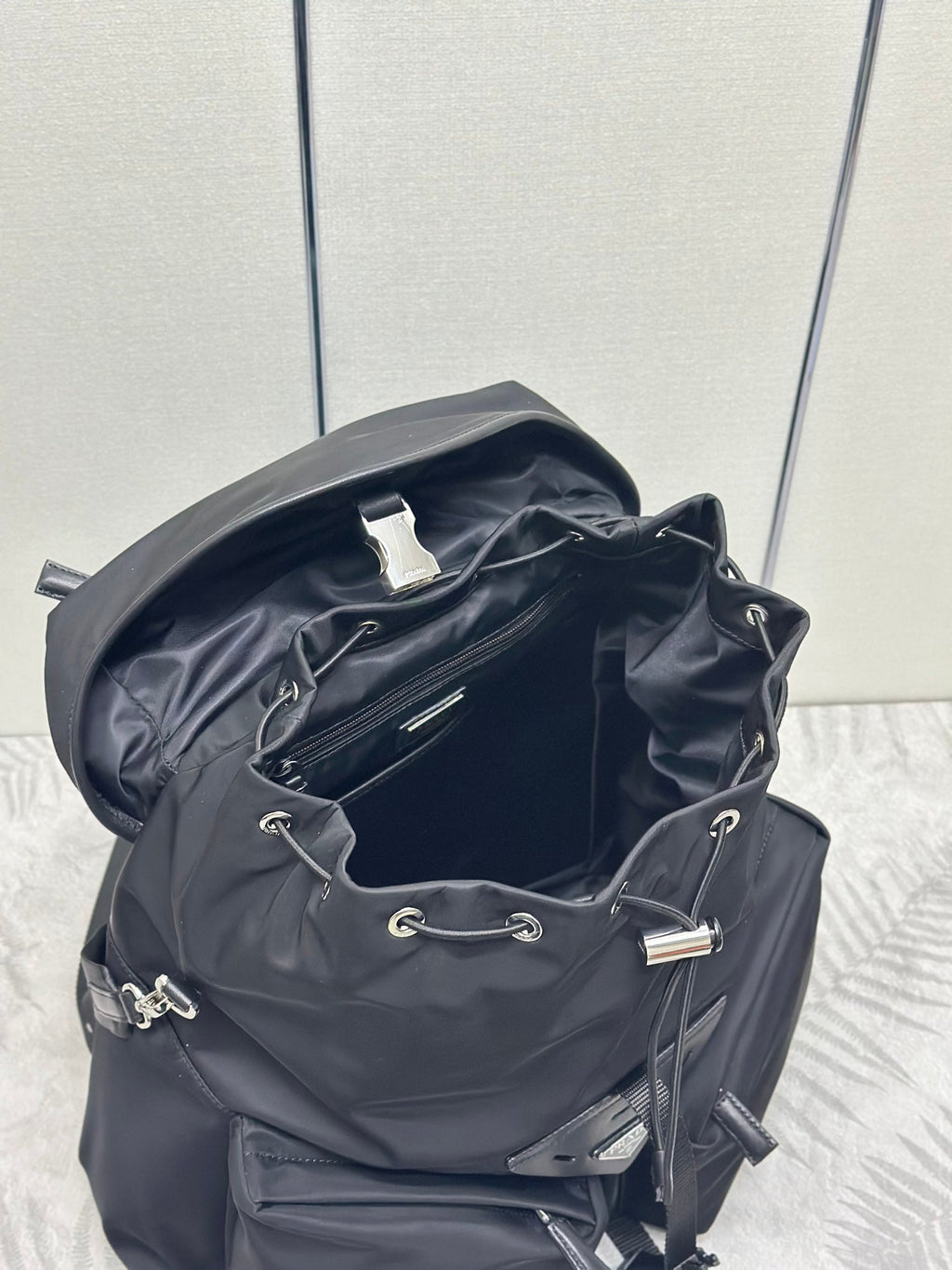 PRADA TRIANGLE LOGO BACKPACK 42 IN BLACK RE-NYLON