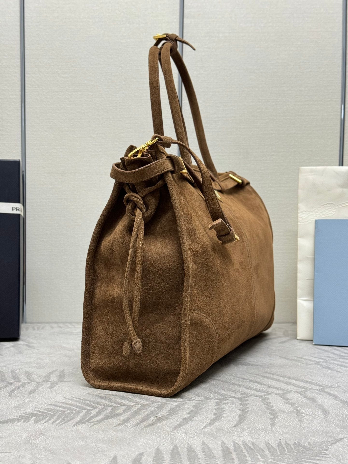 PRADA TOTE BAG WITH BELT 42 IN RUSSET BROWN SUEDE GOLD HARDWARE