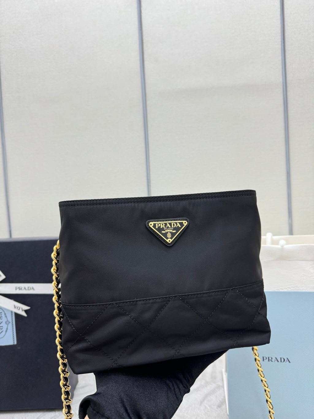 PRADA 25S CROSSBODY BAG 21 IN BLACK NYLON GOLD HARDWRE