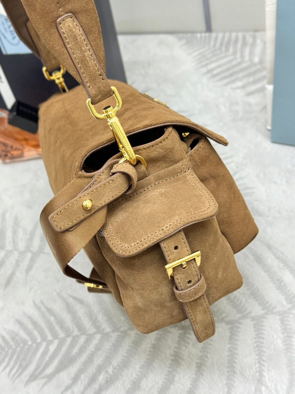 PRADA 25S EXPLORE MEDIUM SHOULDER BAG 30 IN CINNAMON SUEDE WITH FLAP