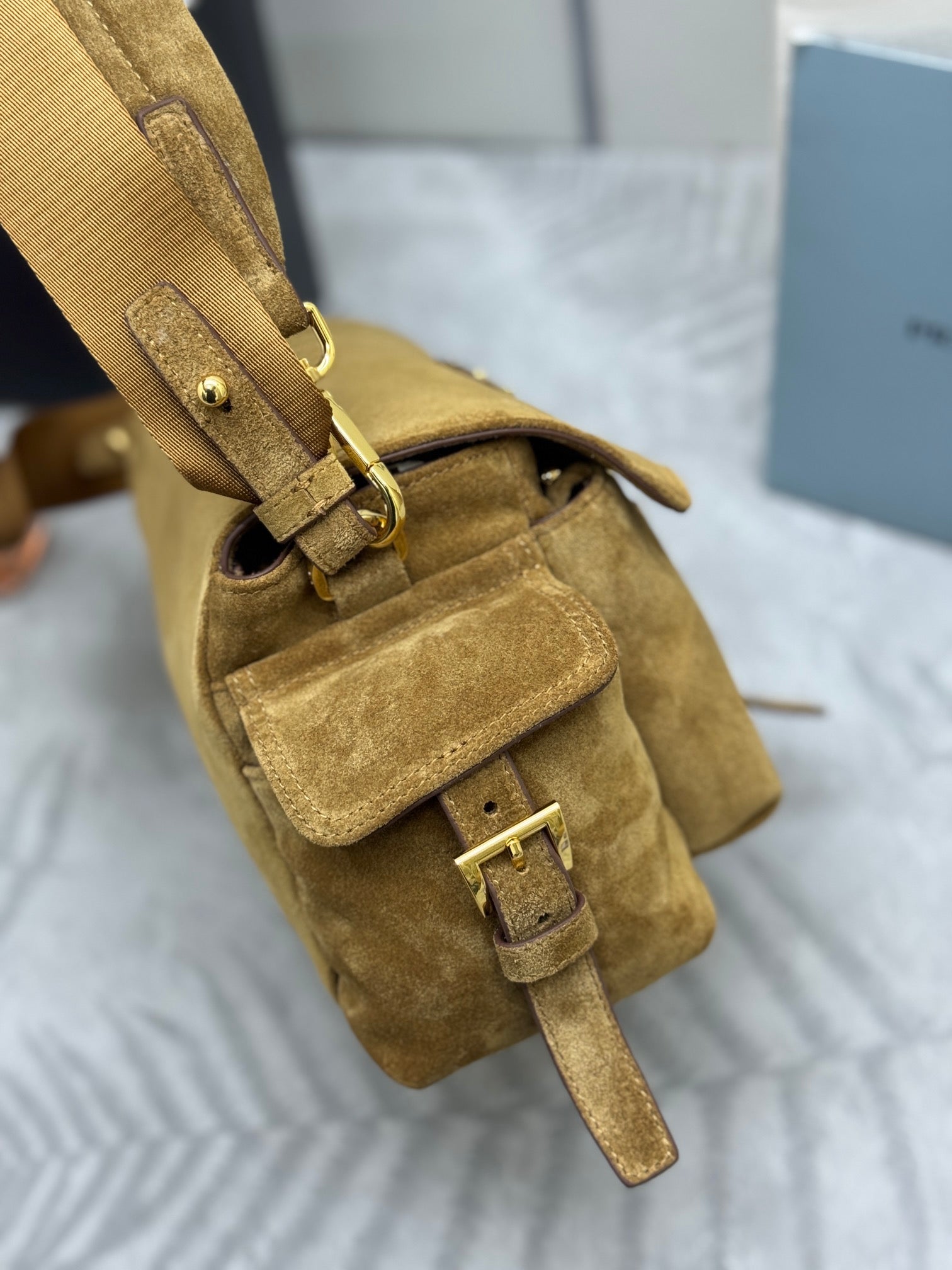 PRADA 25S EXPLORE MEDIUM SHOULDER BAG 30 IN RK GOLDEN BROWN SUEDE WITH FLAP