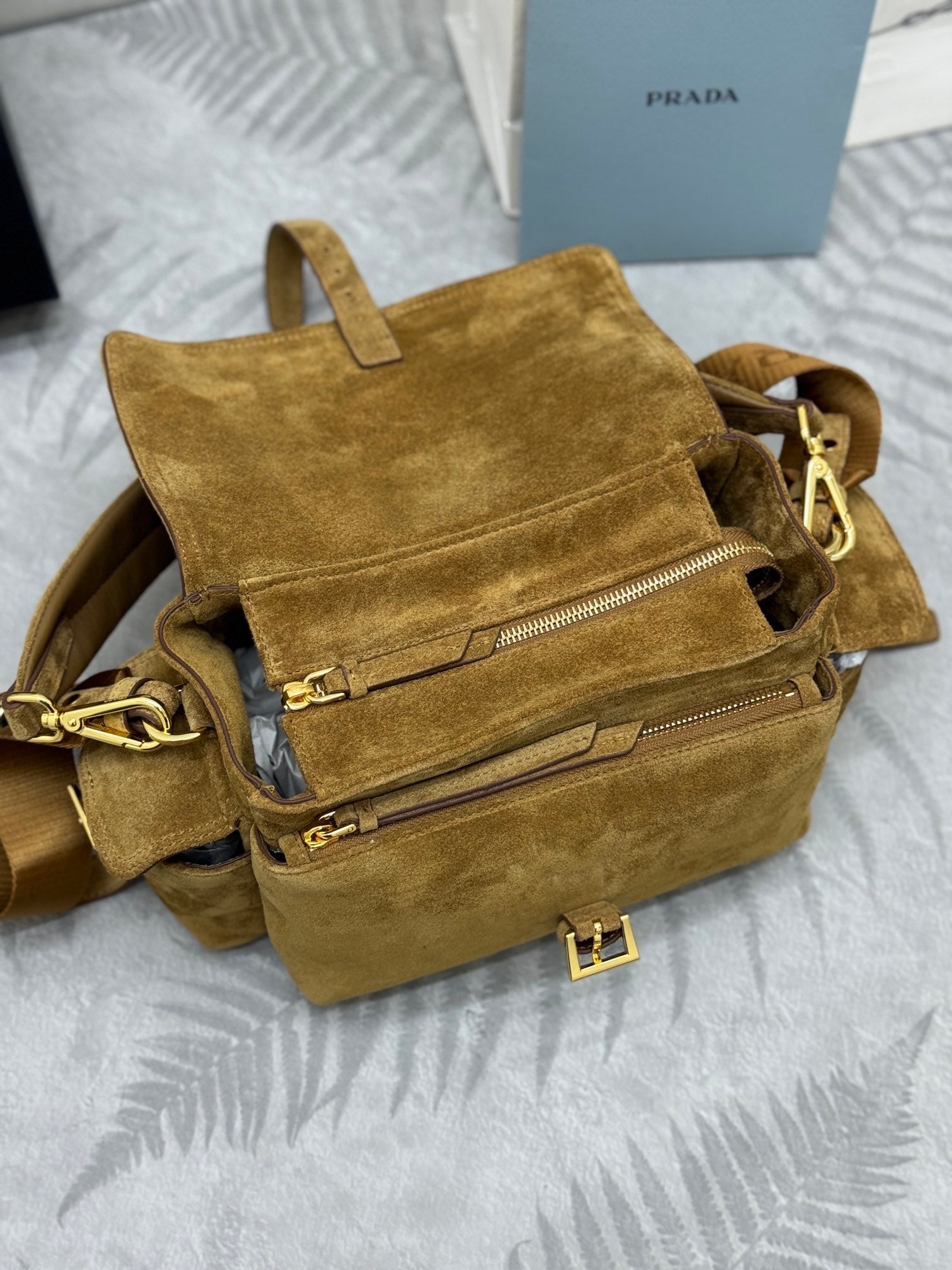 PRADA 25S EXPLORE MEDIUM SHOULDER BAG 30 IN RK GOLDEN BROWN SUEDE WITH FLAP