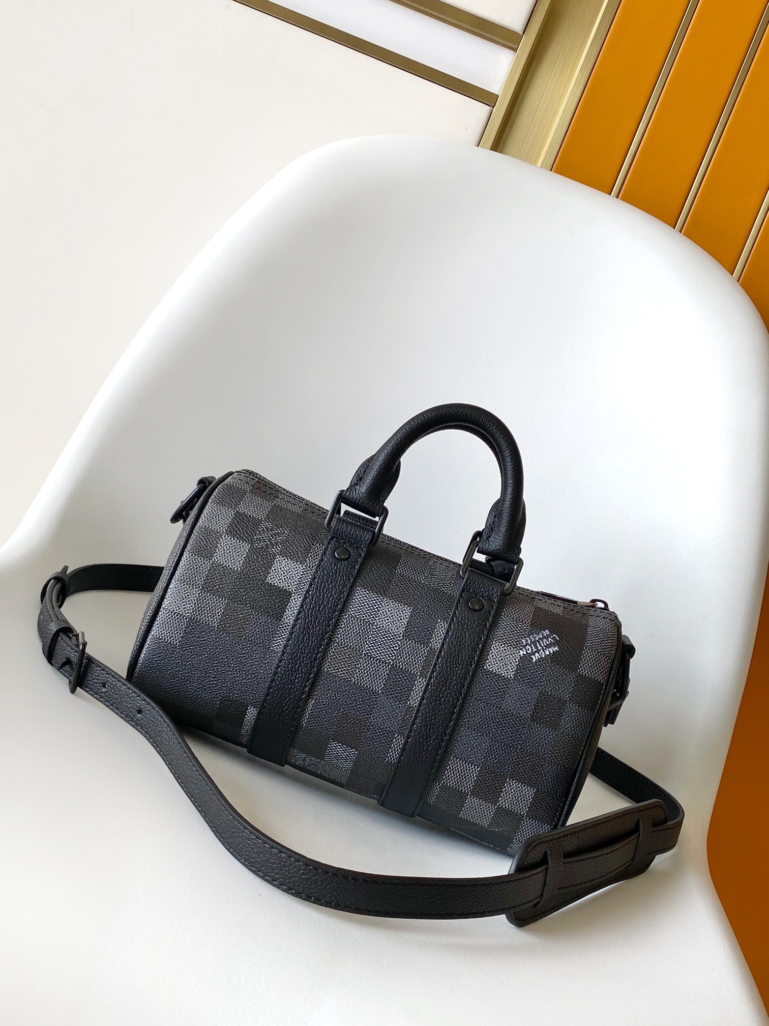 LOUIS VUITTON LV 25S KEEPALL BANDOULIÈRE 25 BAG IN DAMOFLAGE BLACK CALFSKIN