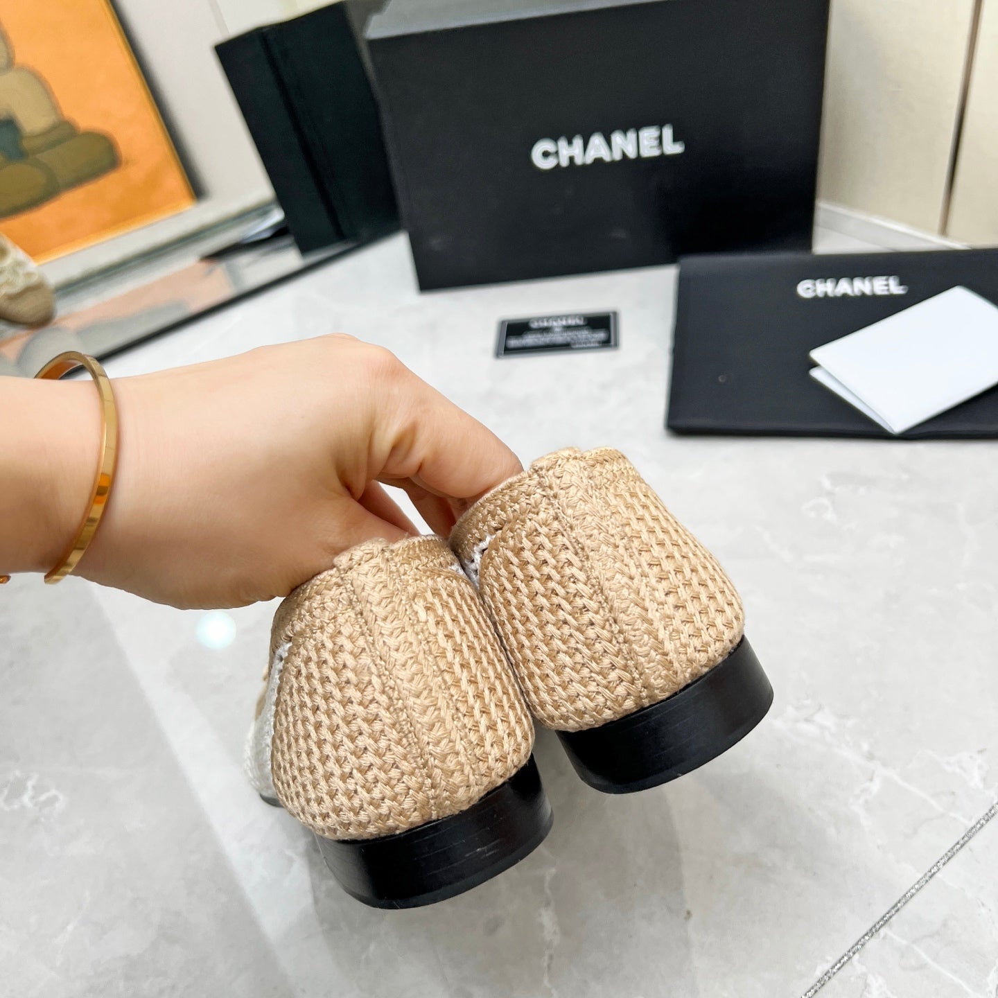 CHANEL BALLET FLAT 10 MM IN WHITE MIX BEIGE RAFFIA