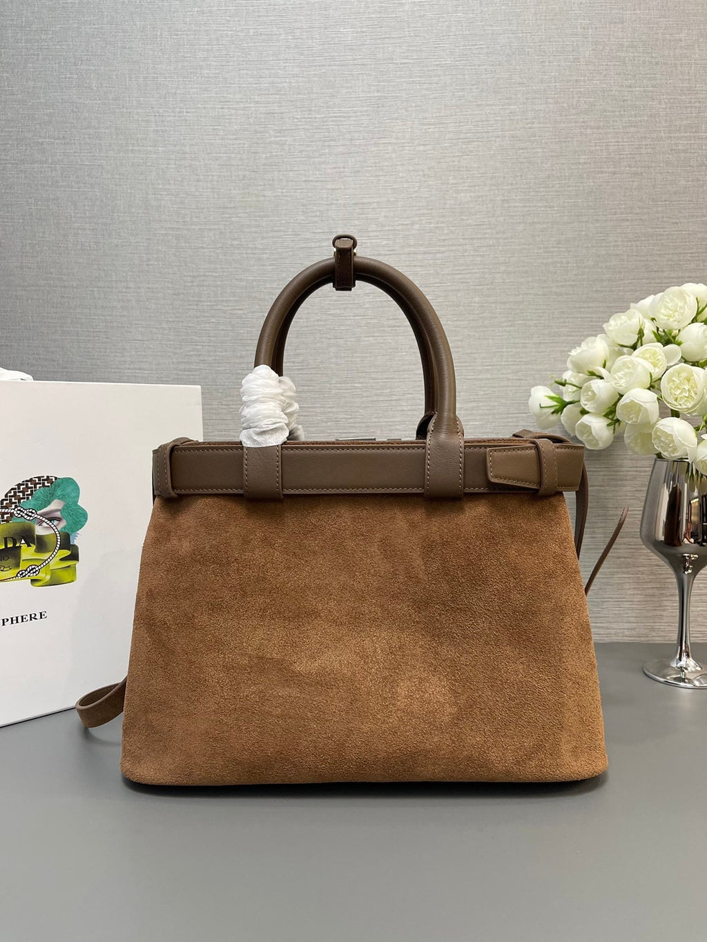 PRADA SMALL TOTE BAG WITH BELT 32 IN RUSSET BROWN SUEDE