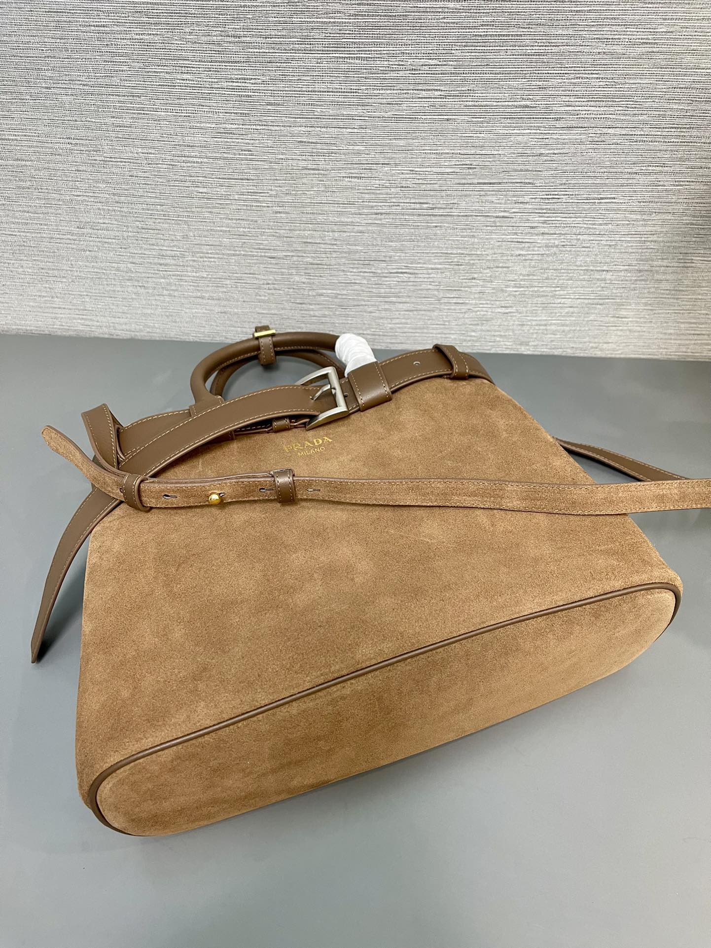 PRADA MEDIUM TOTE BAG WITH BELT 35 IN RUSSET BROWN SUEDE