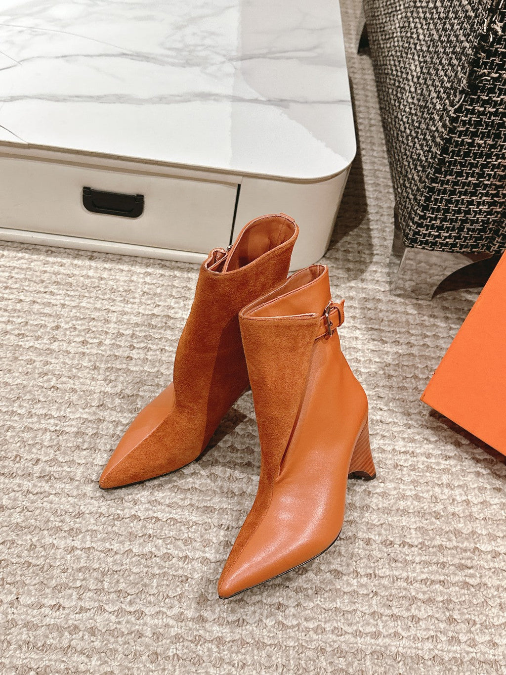 HERMES HILONA 6 CM ANKLE BOOTS IN BRONZE BROWN CALFSKIN AND SUEDE