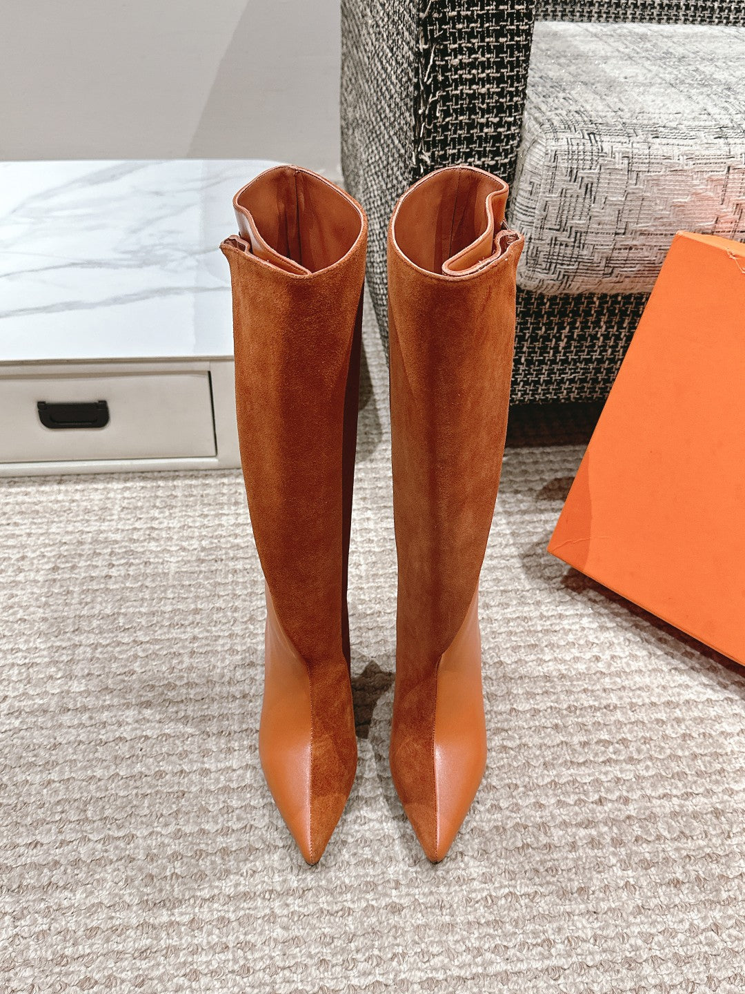 HERMES HILONA 6 CM BOOTS IN BRONZE BROWN CALFSKIN AND SUEDE