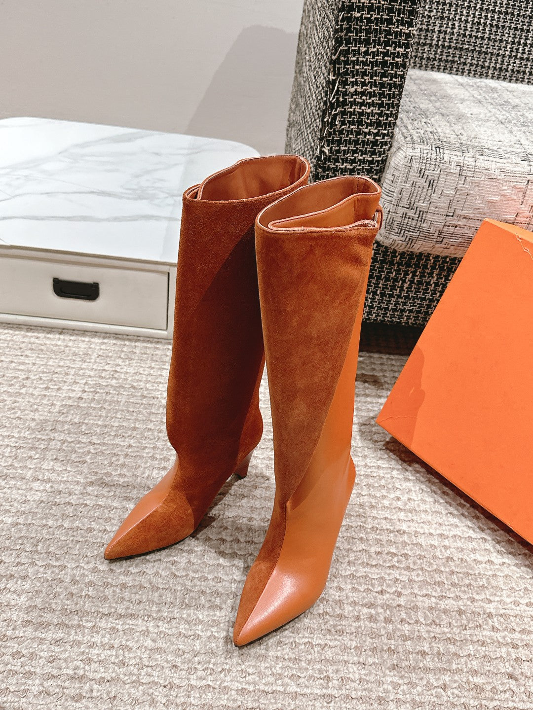 HERMES HILONA 6 CM BOOTS IN BRONZE BROWN CALFSKIN AND SUEDE