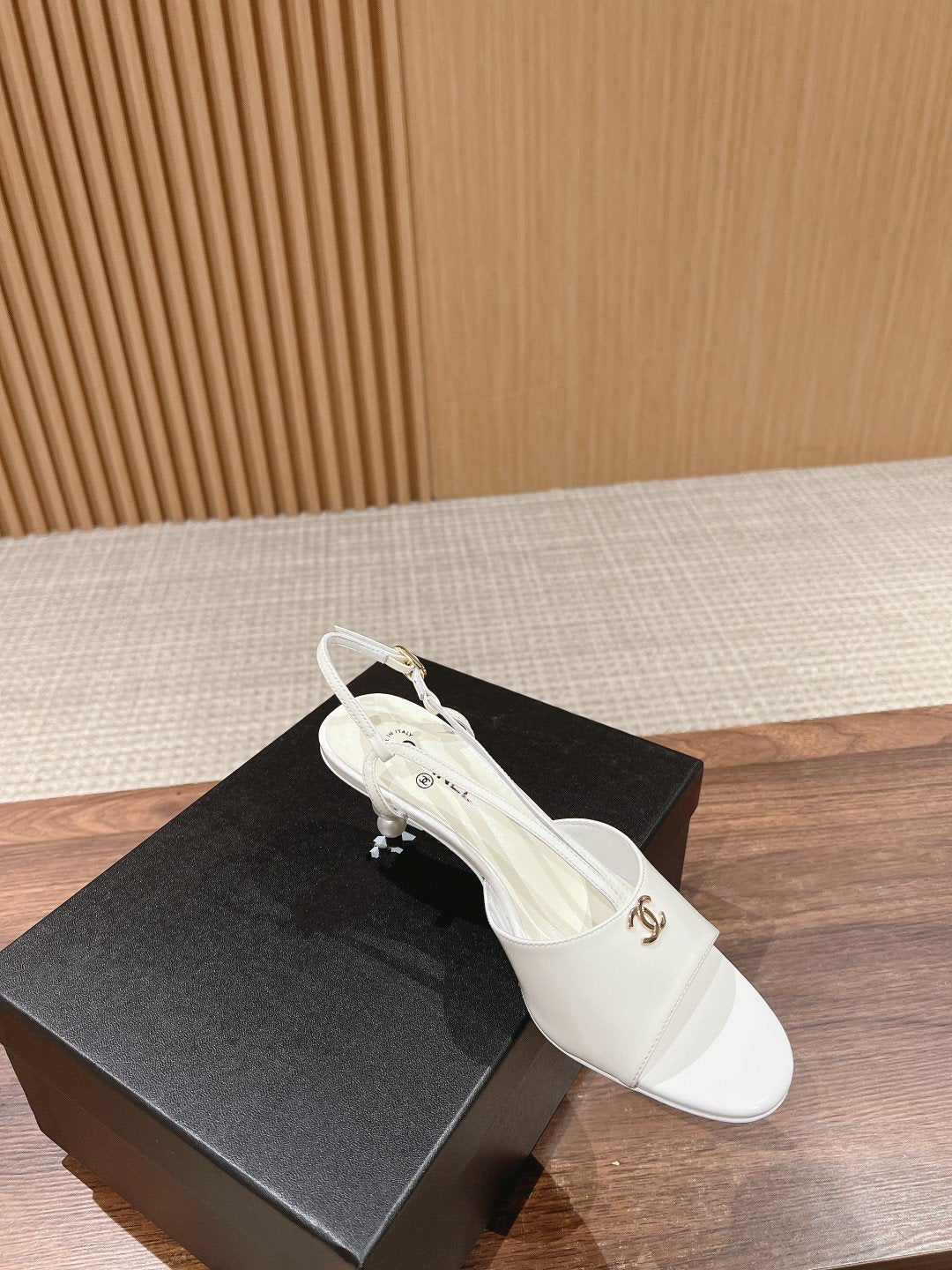 CHANEL high heel 70 sandals white patent calfskin