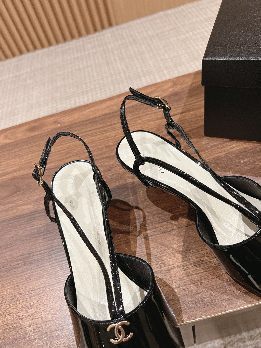 CHANEL high heel 70 sandals black white patent calfskin