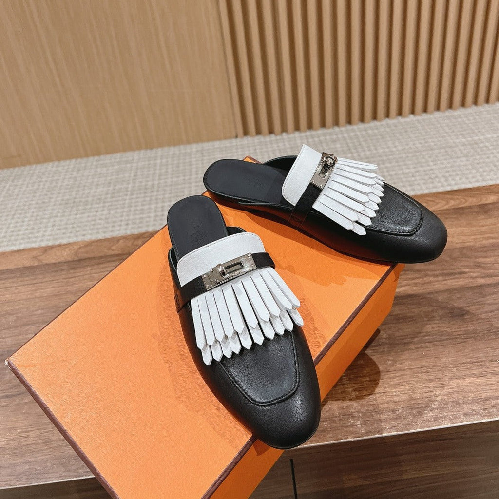 HERMES 0Z Mule Fringed Black/White