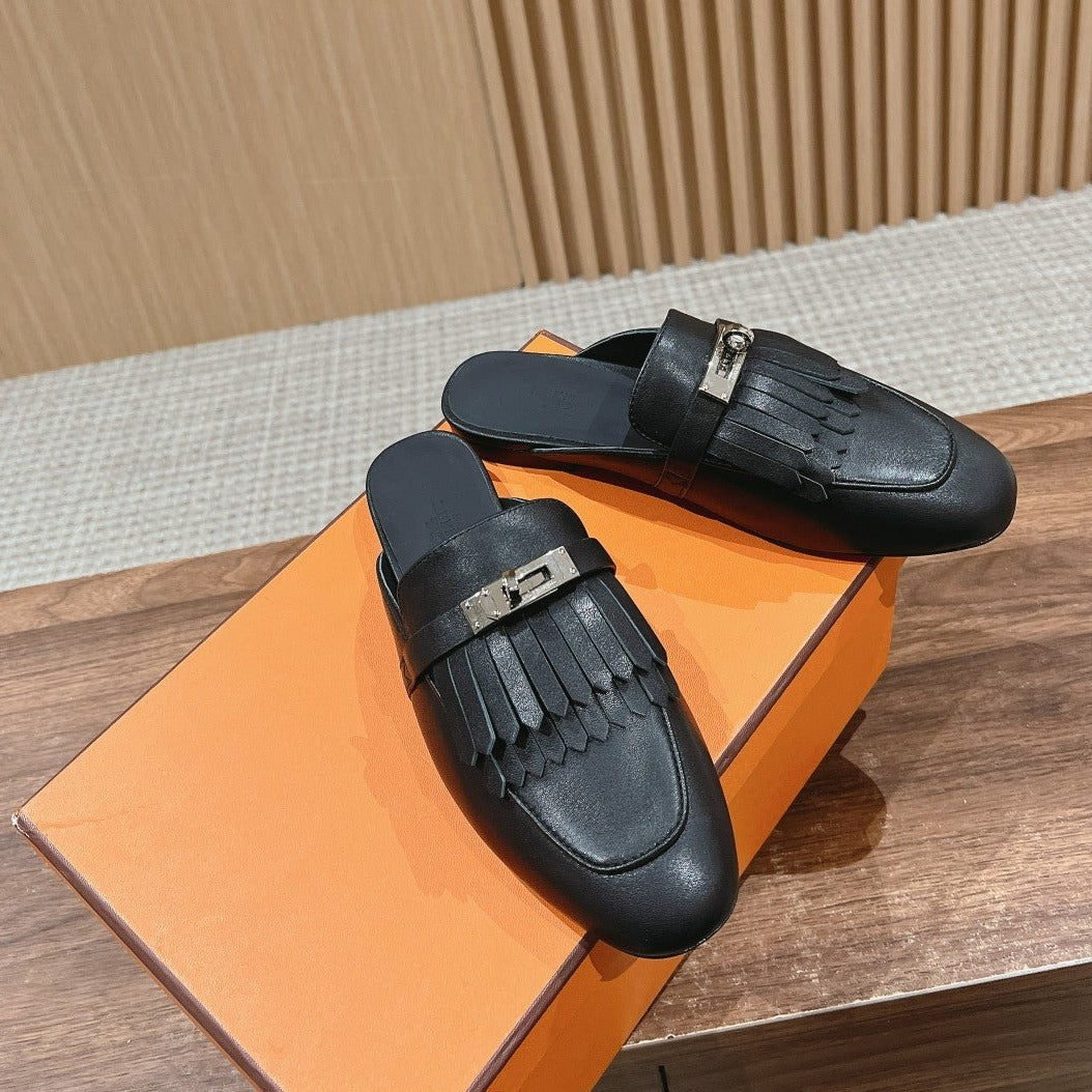 HERMES 0Z Mule Fringed Black