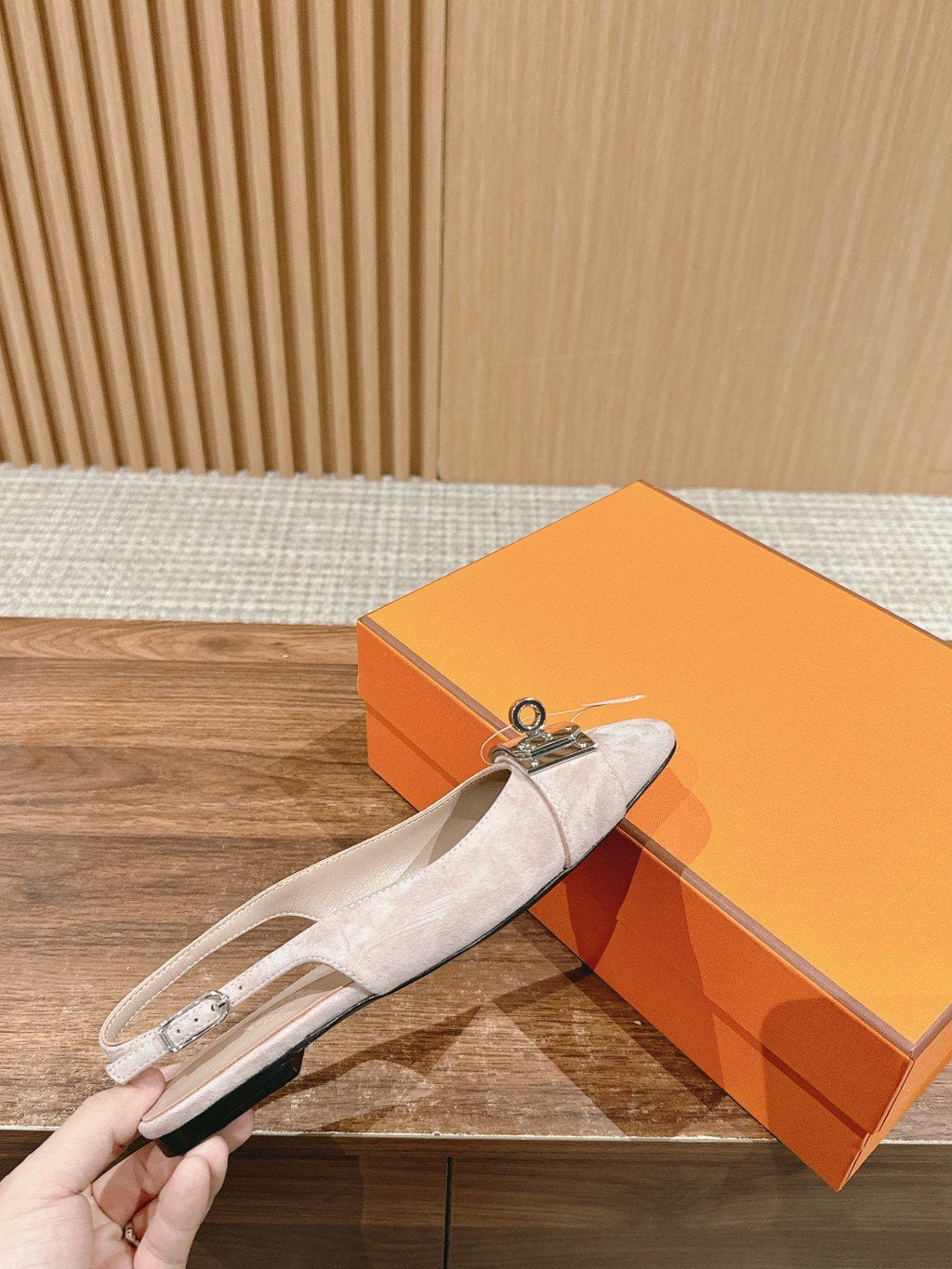 HERMES Innocente Slingback Suede Goatskin Light pink