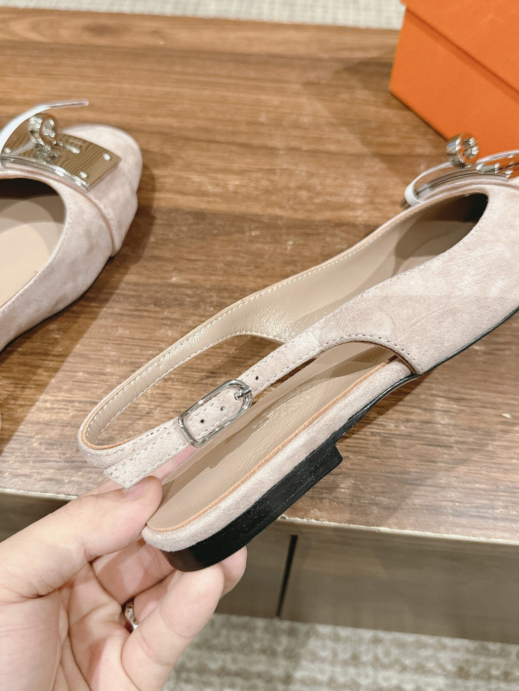 HERMES Innocente Slingback Suede Goatskin Light pink