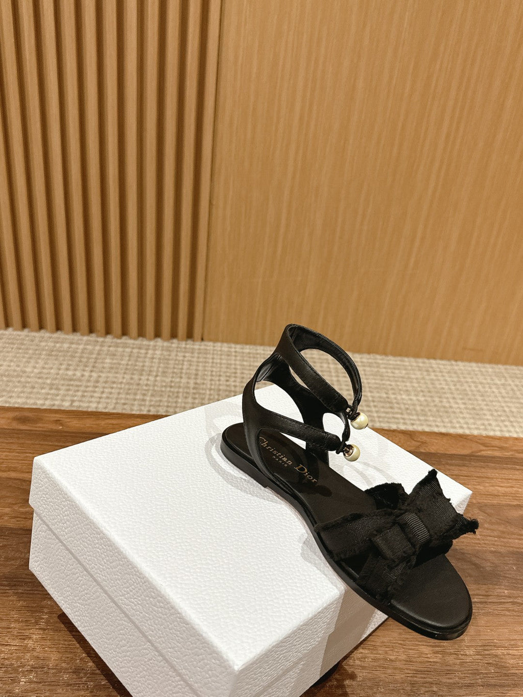 DIOR AABLE SANDALS 25S IN BLACK FABRIC AND LAMBSKIN WITH PEARL DETAILING