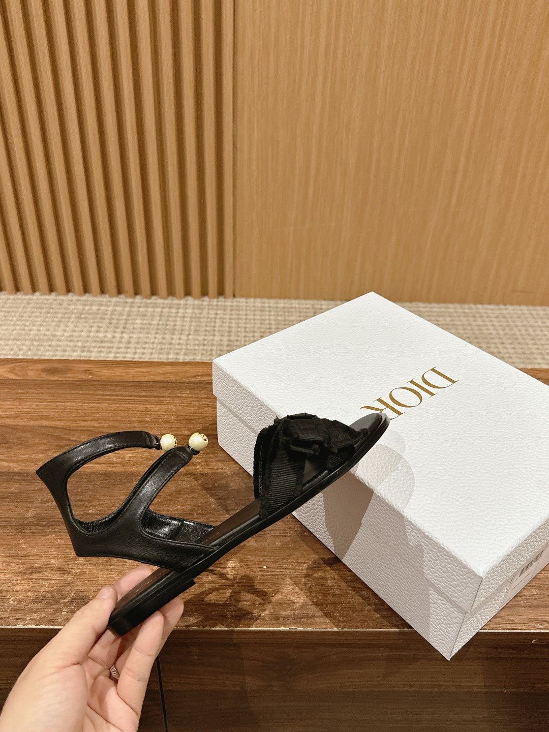 DIOR AABLE SANDALS 25S IN BLACK FABRIC AND LAMBSKIN WITH PEARL DETAILING