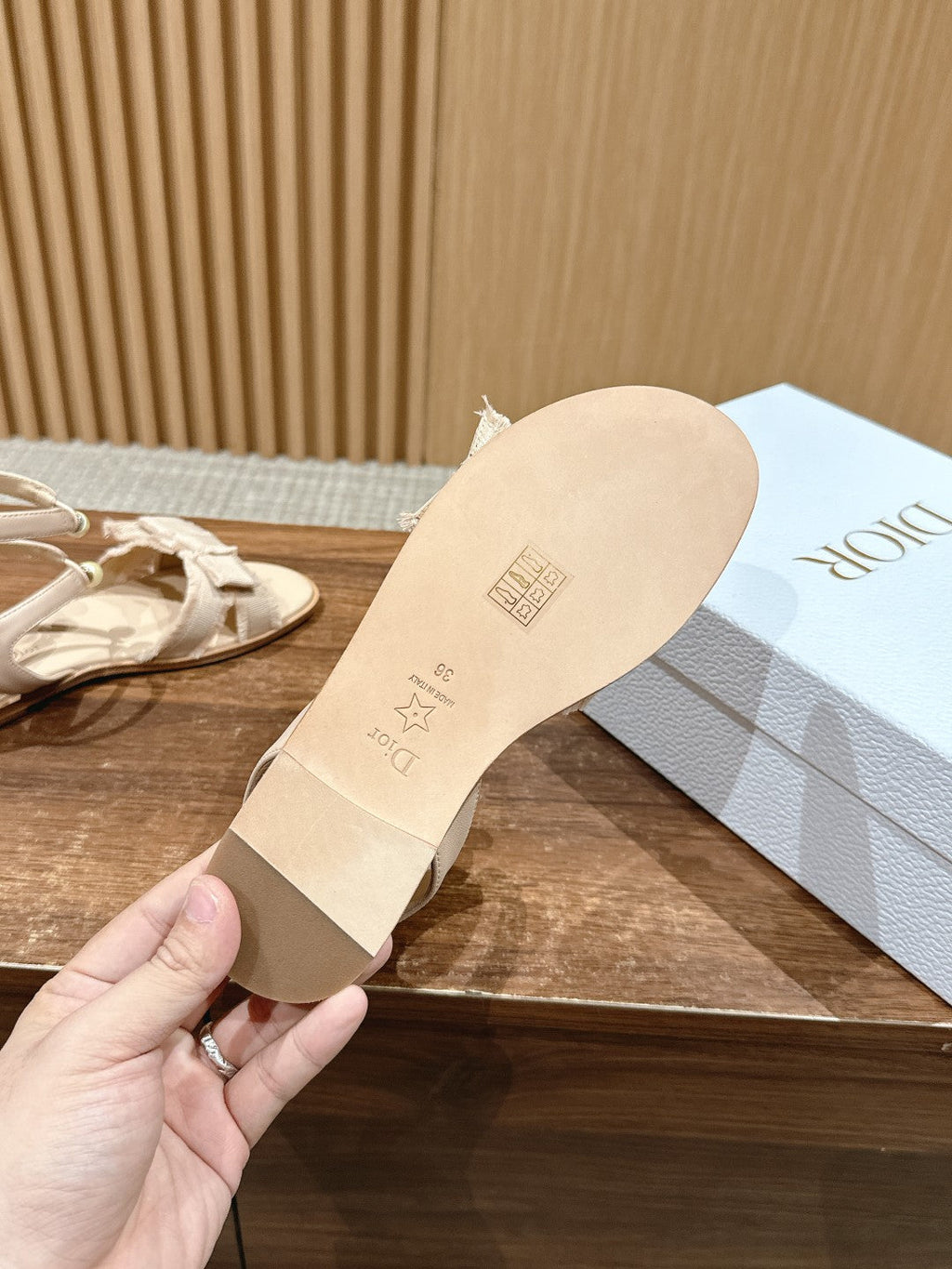 DIOR AABLE SANDALS 25S IN LIGHT BEIGE FABRIC AND LAMBSKIN WITH PEARL DETAILING