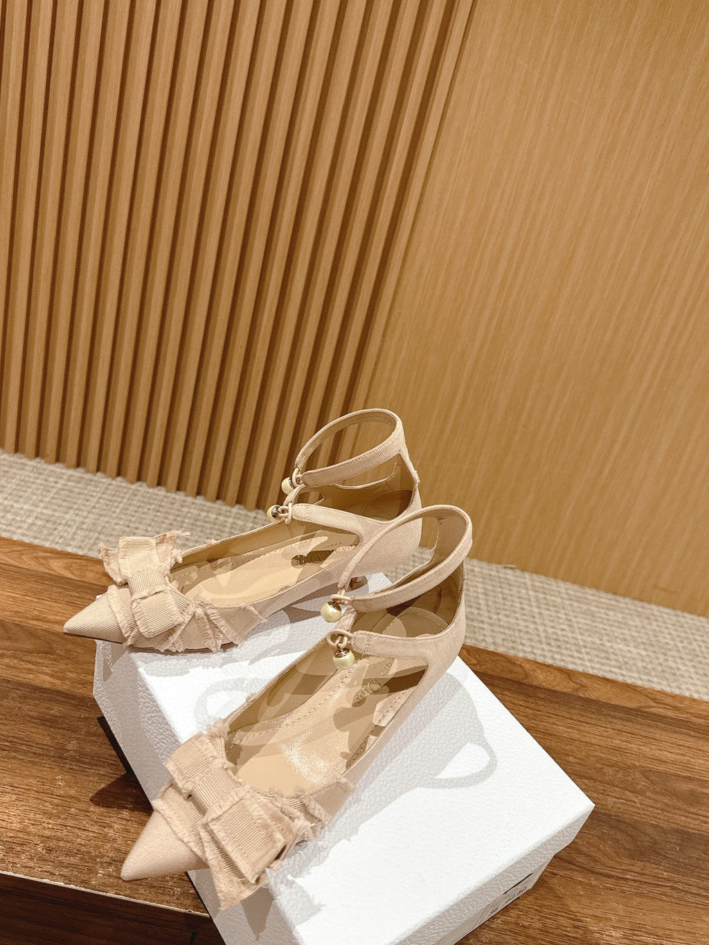 DIOR AABLE HIGH HEEL 25S IN LIGHT BEIGE FABRIC WITH PEARL DETAILING