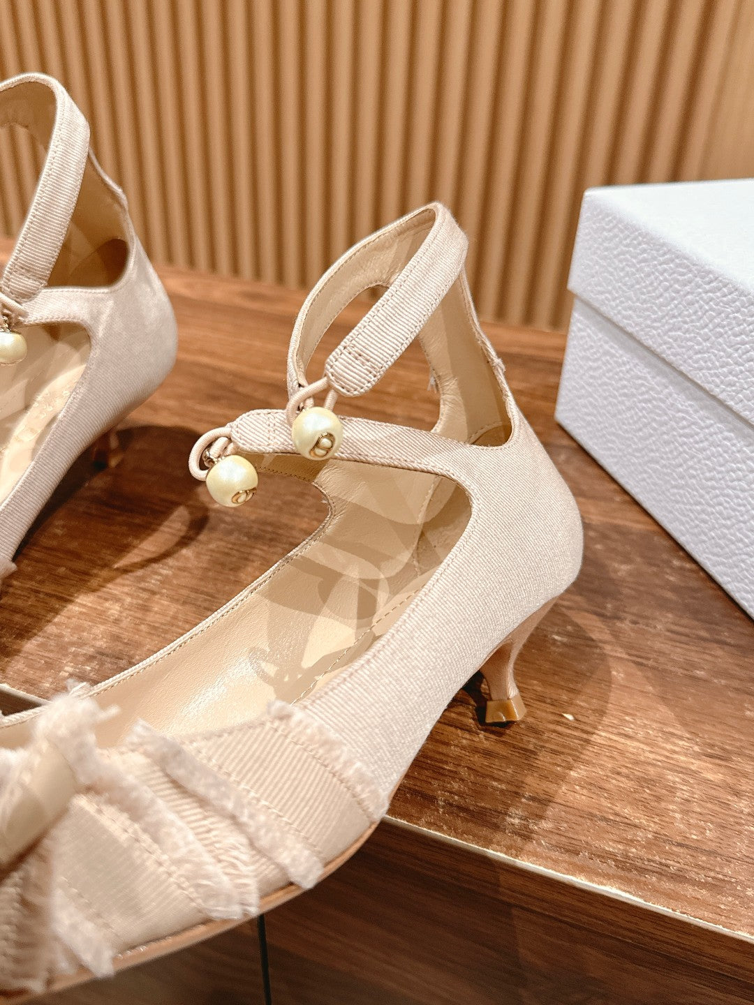 DIOR AABLE HIGH HEEL 25S IN LIGHT BEIGE FABRIC WITH PEARL DETAILING