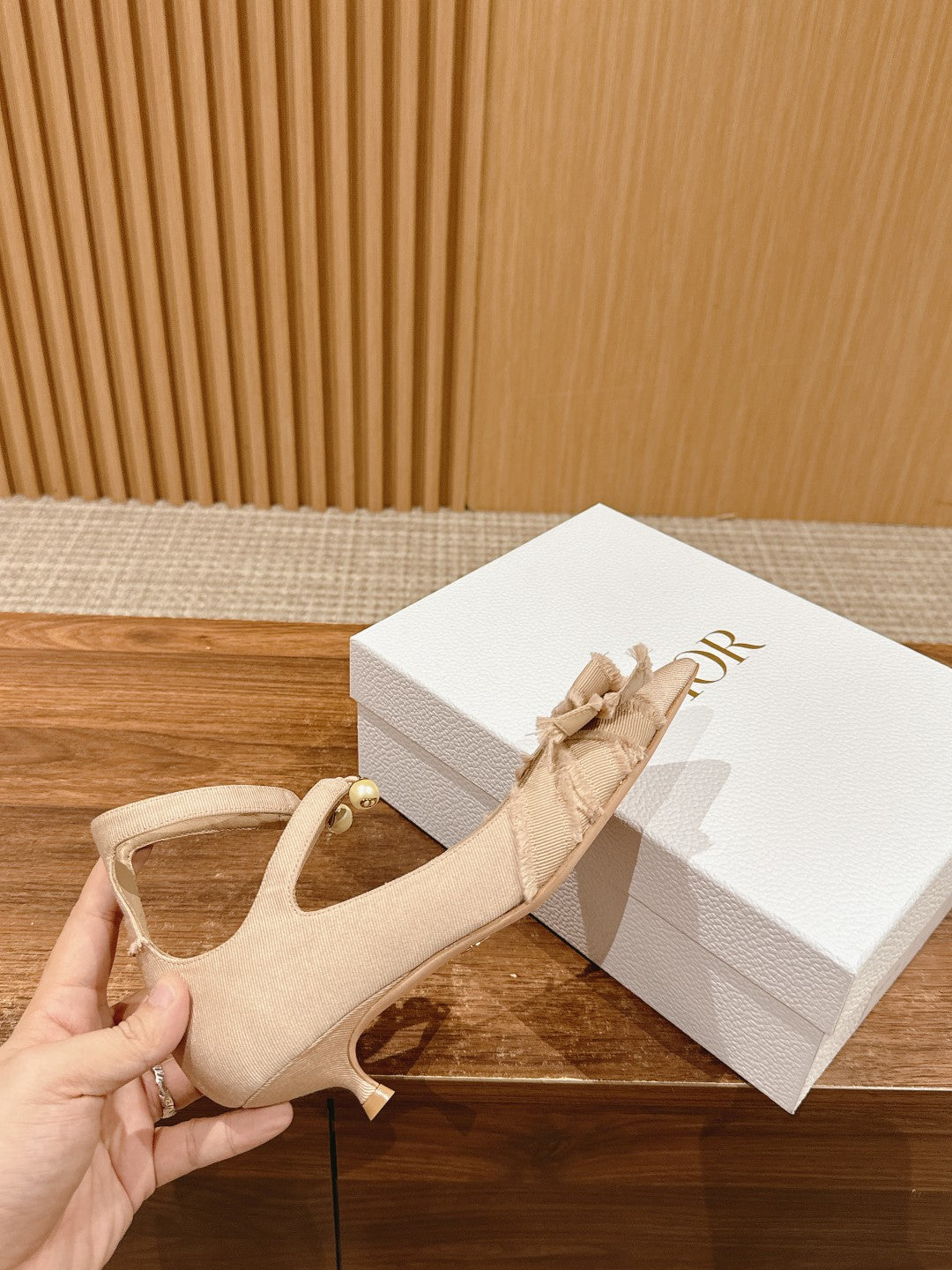 DIOR AABLE HIGH HEEL 25S IN LIGHT BEIGE FABRIC WITH PEARL DETAILING